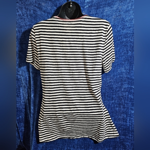 Anthropologie ett:wa Black White Striped Short Sleeve Blouse Medium - Picture 4 of 8